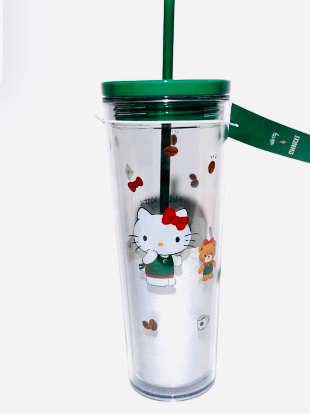 Starbucks Hello Kitty Clear Tumbler with Green Lid and Straw